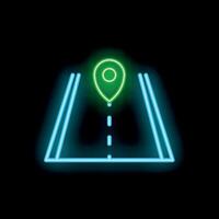 Neon sign showing a location pin icon appearing over a road vector
