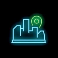Neon icon of location pin hovering over buildings on black background vector