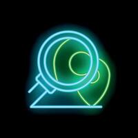 Neon icon of magnifying glass searching location pin pointing place on map vector