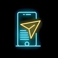 Neon smartphone showing paper plane taking off from screen vector
