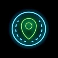 Neon location pin icon glowing in circle frame on black background vector