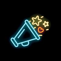 Neon megaphone announcing with heart and stars on black background vector