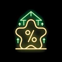 Neon sign showing increasing percentage symbol getting five stars review vector