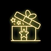 Neon giftbox opening with stars appearing from inside on black background vector