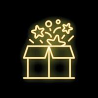 Open neon box surprising with stars and confetti exploding out of it vector