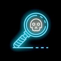 Neon magnifying glass searching for a skull icon on black background vector