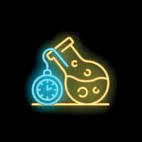 Neon style icon of laboratory flask with boiling water and stopwatch hanging vector