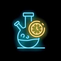 Neon icon of boiling chemical liquid in flask with timer showing experiment duration vector