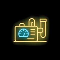 Neon icon of industrial machine tool with speedometer, buttons and tube displaying working process vector
