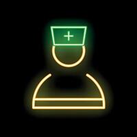 Neon icon of a nurse wearing a scrub top and a hat with a cross on it vector