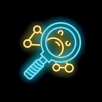 Neon magnifying glass exploring molecular structure on black background vector