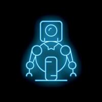 Blue neon sign of a robot standing still on black background vector