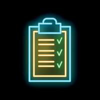 Neon sign showing clipboard with checklist on a brick wall background vector