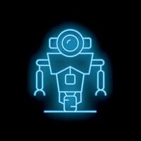 Glowing neon line robot standing with camera lens instead of head on black background vector