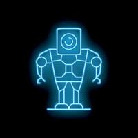 Blue neon robot standing with glowing backlight on black background vector