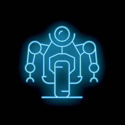 Neon blue robot standing with arms outstretched