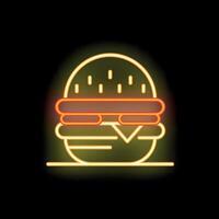 Glowing neon sign of hamburger with beef, salad and cheese on black background vector