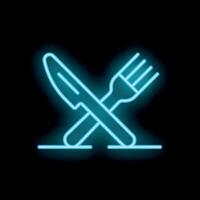 Turquoise neon sign with crossed fork and knife on a black background vector