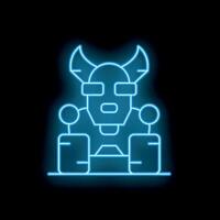 Neon blue robot standing with antennas on head and connected to devices vector