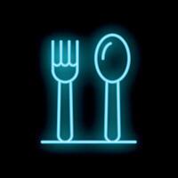 Neon sign of fork and spoon glowing on black background vector