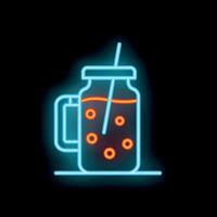 Neon blue icon of a mason jar glass with handle, filled with boba tea and a straw vector