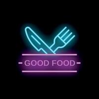 Neon sign good food logo with knife and fork crossed over a rectangular frame vector