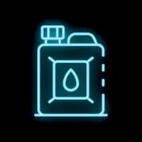 Blue neon sign icon of jerrycan with falling drop on black background vector