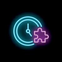 Neon style icon showing clock integrating with puzzle piece vector