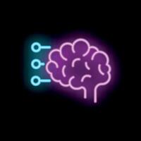 Neon brain receiving data through connections on black background vector
