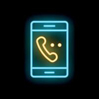 Neon smartphone showing incoming call icon on black background vector