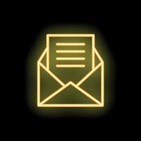 Neon yellow open envelope with letter sticking out on black background vector