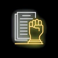 Neon icon of hand with clenched fist protesting against documents vector