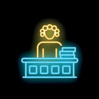 Neon judge sitting at table with books behind bars icon vector
