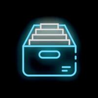 Neon sign of open cardboard box full of folders with files, documents, or paperwork vector