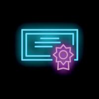 Neon icon of certificate with a badge representing online education and success vector