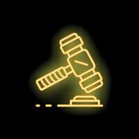 Neon gavel striking sound block side view on black background vector
