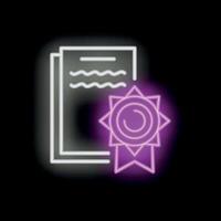 Neon approved document with certificate icon glowing on dark background vector