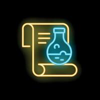 Neon icon of chemical flask over ancient scroll representing scientific research vector