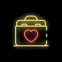 Neon icon of a first aid kit with heart shining on black background vector
