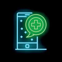 Neon green cross sign inside speech bubble over smartphone screen on black background vector
