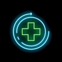 Neon green cross symbol rotating inside blue circle arrows on black background vector