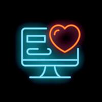 Neon icon of computer screen displaying a heart for online dating and love vector