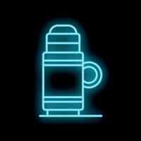 Blue neon icon of a thermos flask glowing on black background vector