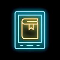 Neon e reader icon showing open book with bookmark for online reading vector