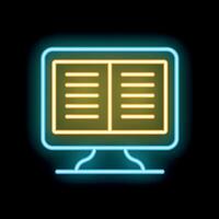 Neon icon of open book displaying on computer monitor screen vector