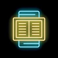 Neon icon of an ebook reader displaying an open book for digital reading vector