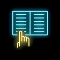 Neon icon of hand pointing at open book representing reading vector