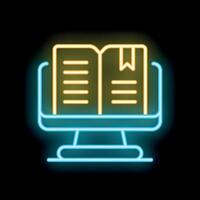 Neon icon of book displaying on computer screen for e learning vector