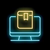 Neon icon of online education with book and bookmark displayed on computer screen vector