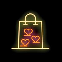 Neon shopping bag with hearts glowing on dark background vector